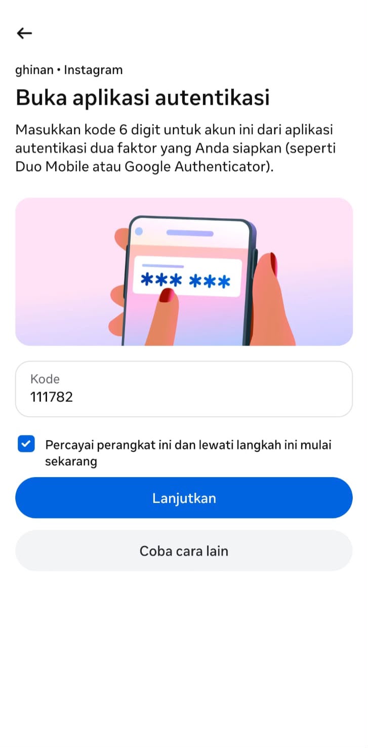 Memasukkan kode 2FA di Instagram